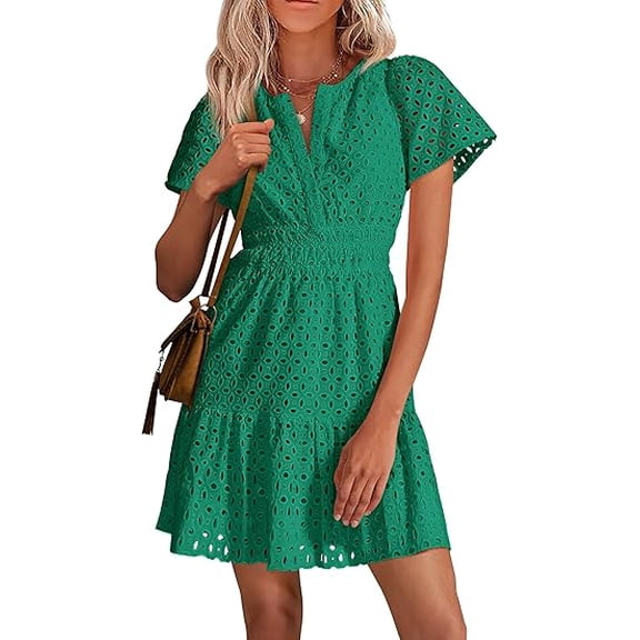 PRETTYGARDEN Womens Summer Short Dress V Neck Short Sleeve A Line Wear To Work Hollow Out Lace Ruffle Cute Casual Beach Party Dresses