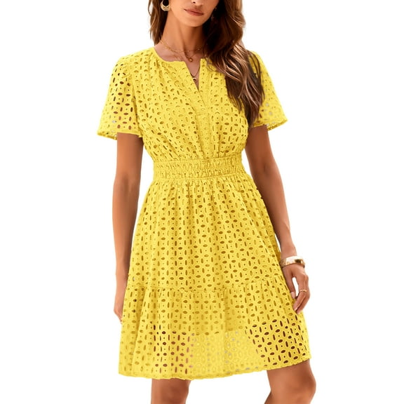 PRETTYGARDEN Womens Summer Short Dress V Neck Short Sleeve A Line Wear To Work Hollow Out Lace Ruffle Cute Casual Beach Party Dresses