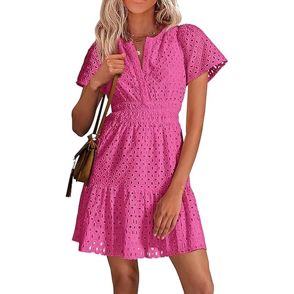PRETTYGARDEN Womens Summer Short Dress V Neck Short Sleeve A Line Wear To Work Hollow Out Lace Ruffle Cute Casual Beach Party Dresses