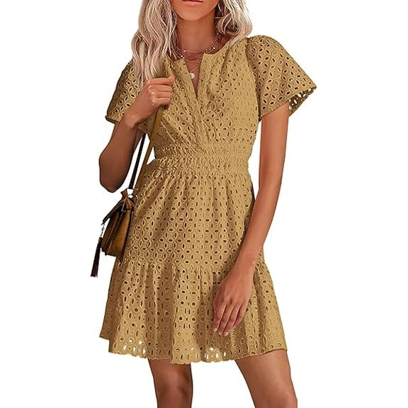 PRETTYGARDEN Womens Summer Short Dress V Neck Short Sleeve A Line Wear To Work Hollow Out Lace Ruffle Cute Casual Beach Party Dresses