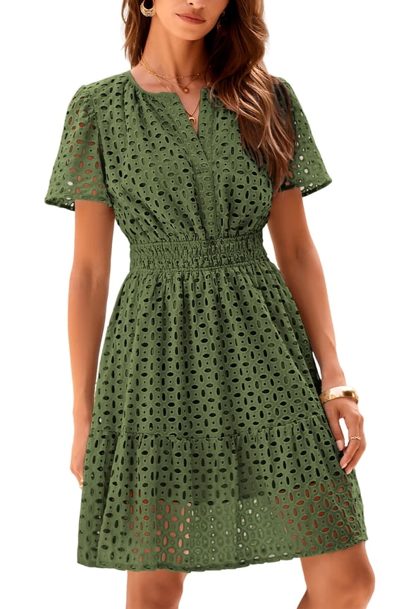 Womens Summer Short Dress V Neck Short Sleeve A Line Wear To Work Hollow Out Lace Ruffle Cute Casual Beach Party Dresses