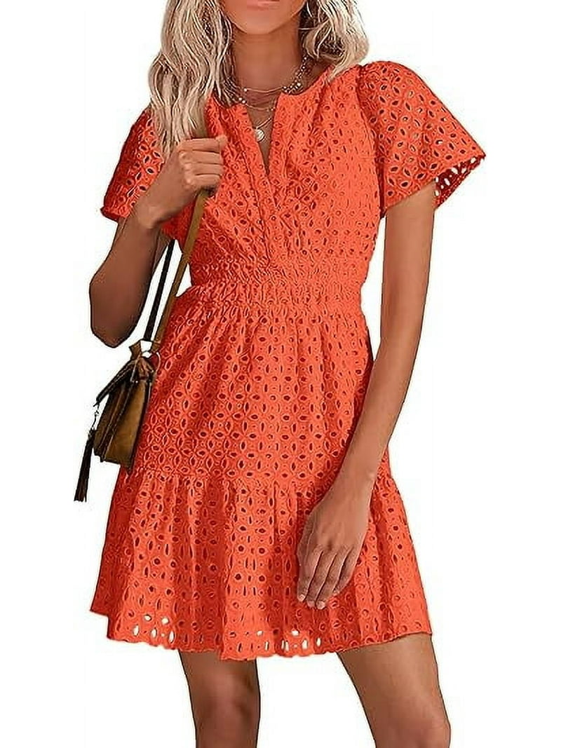 summer dresses 2019 short Floral Print Orange Tie Front Flowy Summer Dress Short Sleeve for Women ALILANG.COM