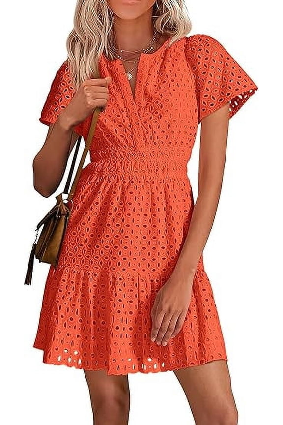 Womens Summer Short Dress V Neck Short Sleeve A Line Wear To Work Hollow Out Lace Ruffle Cute Casual Beach Party Dresses