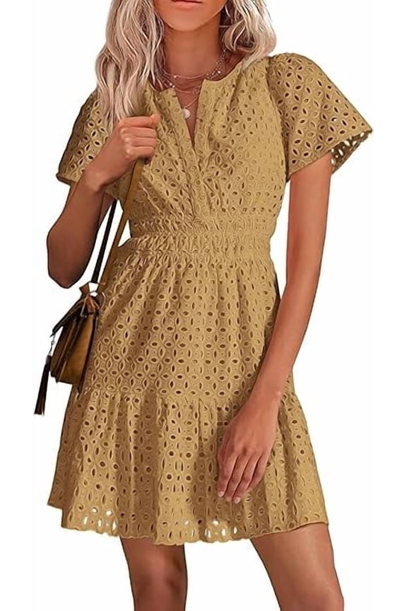Womens Summer Short Dress V Neck Short Sleeve A Line Wear To Work Hollow Out Lace Ruffle Cute Casual Beach Party Dresses