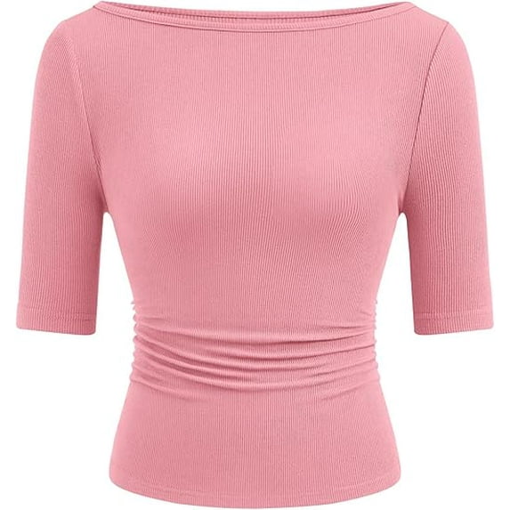 PRETTYGARDEN Womens Summer Short Sleeve Tops Boat Neck Ribbed Knit Slim Fit T Shirt Casual Basic Top Spring Clothes