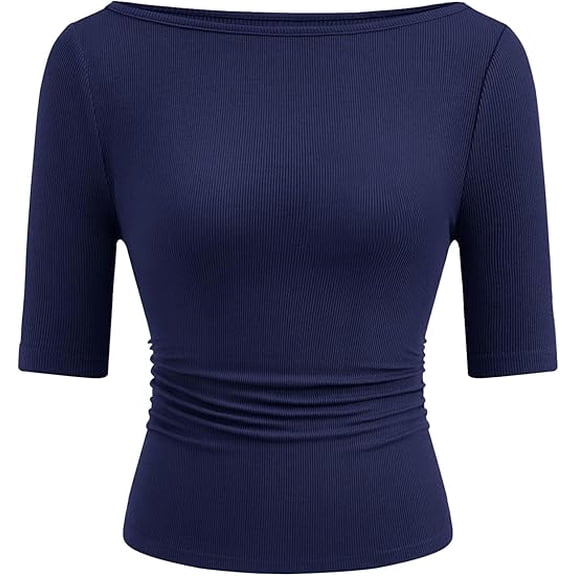 PRETTYGARDEN Womens Summer Short Sleeve Tops Boat Neck Ribbed Knit Slim Fit T Shirt Casual Basic Top Spring Clothes