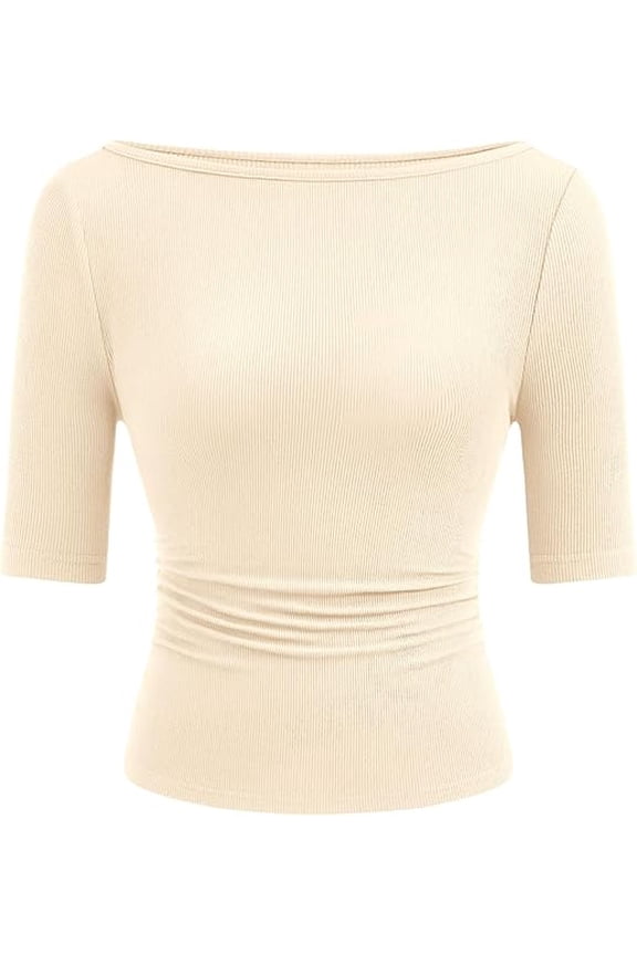 Womens Summer Short Sleeve Tops Boat Neck Ribbed Knit Slim Fit T Shirt Casual Basic Top Spring Clothes