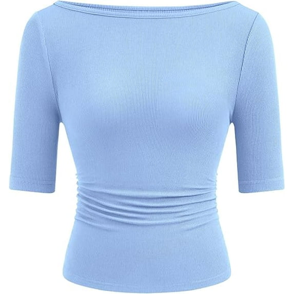 PRETTYGARDEN Womens Summer Short Sleeve Tops Boat Neck Ribbed Knit Slim Fit T Shirt Casual Basic Top Spring Clothes