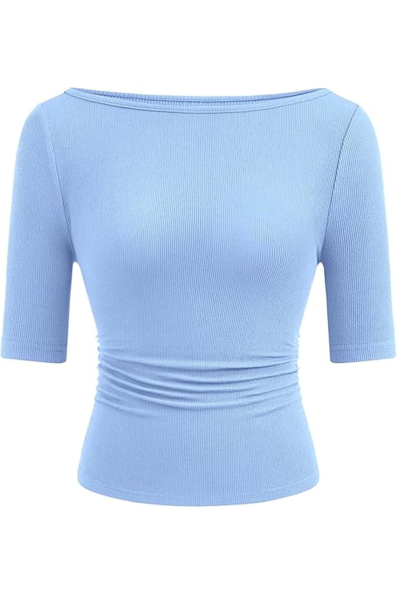 Womens Summer Short Sleeve Tops Boat Neck Ribbed Knit Slim Fit T Shirt Casual Basic Top Spring Clothes