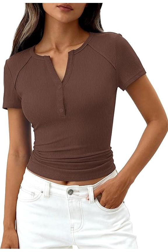 Womens Summer Short Sleeve Tops Spring Casual V Neck Henley Button Up T Shirts Dressy Ribbed Knit Blouses
