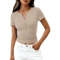thumbnail image 1 of PRETTYGARDEN Womens Summer Short Sleeve Tops Spring Casual V Neck Henley Button Up T Shirts Dressy Ribbed Knit Blouses, 1 of 8