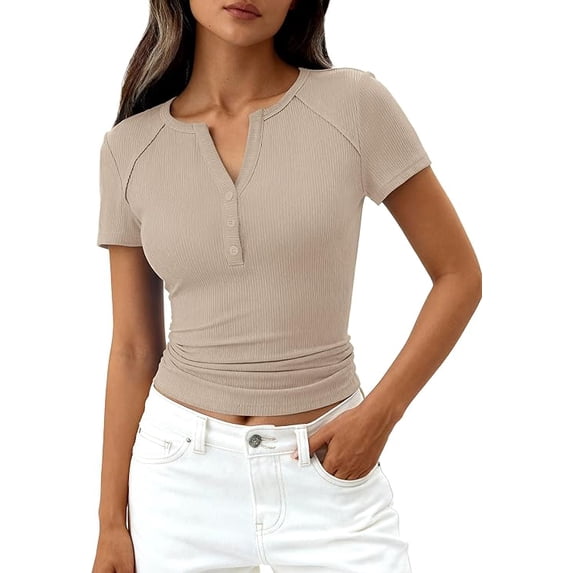 PRETTYGARDEN Womens Summer Short Sleeve Tops Spring Casual V Neck Henley Button Up T Shirts Dressy Ribbed Knit Blouses