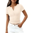 thumbnail image 1 of PRETTYGARDEN Womens Summer Short Sleeve Tops Spring Casual V Neck Henley Button Up T Shirts Dressy Ribbed Knit Blouses, 1 of 8