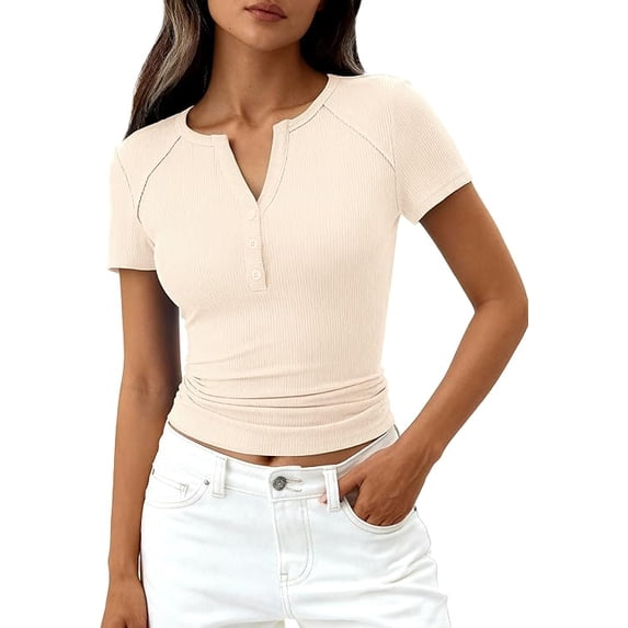 PRETTYGARDEN Womens Summer Short Sleeve Tops Spring Casual V Neck Henley Button Up T Shirts Dressy Ribbed Knit Blouses