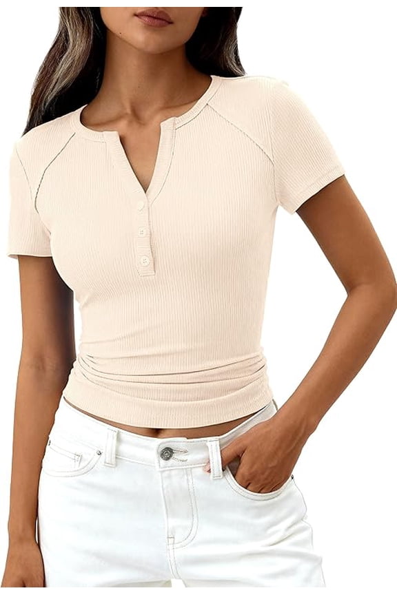 Womens Summer Short Sleeve Tops Spring Casual V Neck Henley Button Up T Shirts Dressy Ribbed Knit Blouses