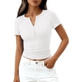 thumbnail image 1 of PRETTYGARDEN Womens Summer Short Sleeve Tops Spring Casual V Neck Henley Button Up T Shirts Dressy Ribbed Knit Blouses, 1 of 8
