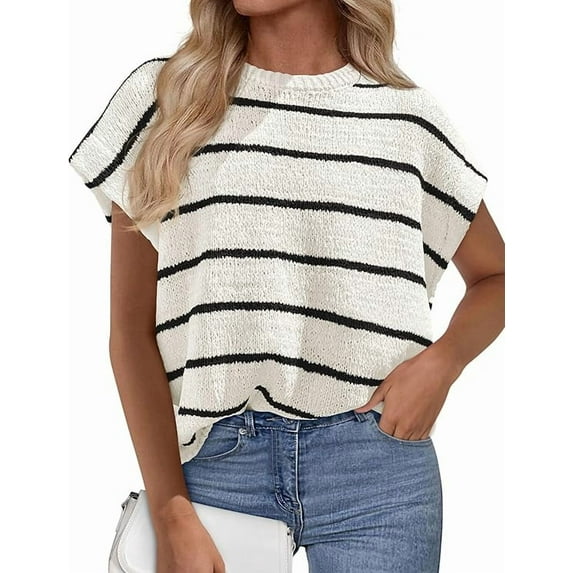PRETTYGARDEN Womens Summer Short Sleeve Tops Trendy Crew Neck Striped Knit Sweater Business Casual Spring Clothes