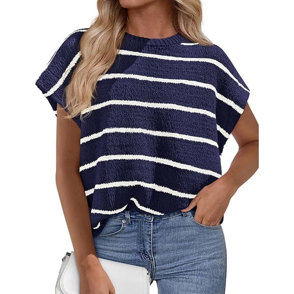 PRETTYGARDEN Womens Summer Short Sleeve Tops Trendy Crew Neck Striped Knit Sweater Business Casual Spring Clothes