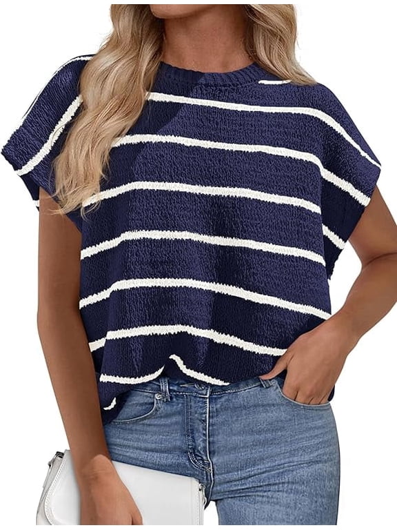 Womens Summer Short Sleeve Tops Trendy Crew Neck Striped Knit Sweater Business Casual Spring Clothes