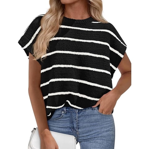 Womens Summer Short Sleeve Tops Trendy Crew Neck Striped Knit Sweater Business Casual Spring Clothes