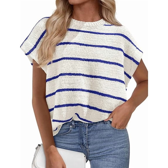 PRETTYGARDEN Womens Summer Short Sleeve Tops Trendy Crew Neck Striped Knit Sweater Business Casual Spring Clothes