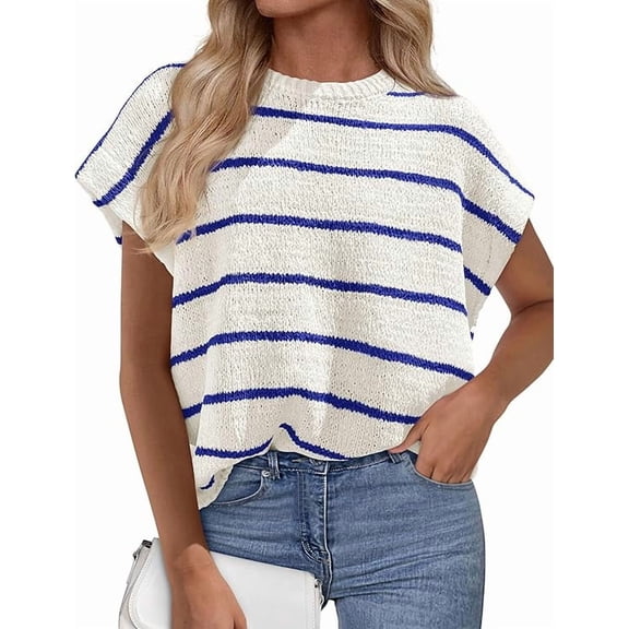 PRETTYGARDEN Womens Summer Short Sleeve Tops Trendy Crew Neck Striped Knit Sweater Business Casual Spring Clothes