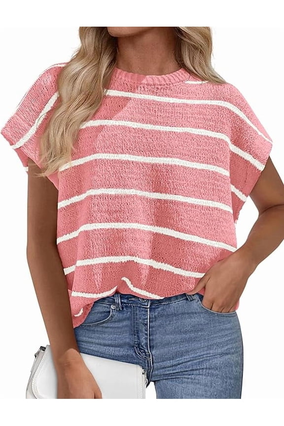 Womens Summer Short Sleeve Tops Trendy Crew Neck Striped Knit Sweater Business Casual Spring Clothes