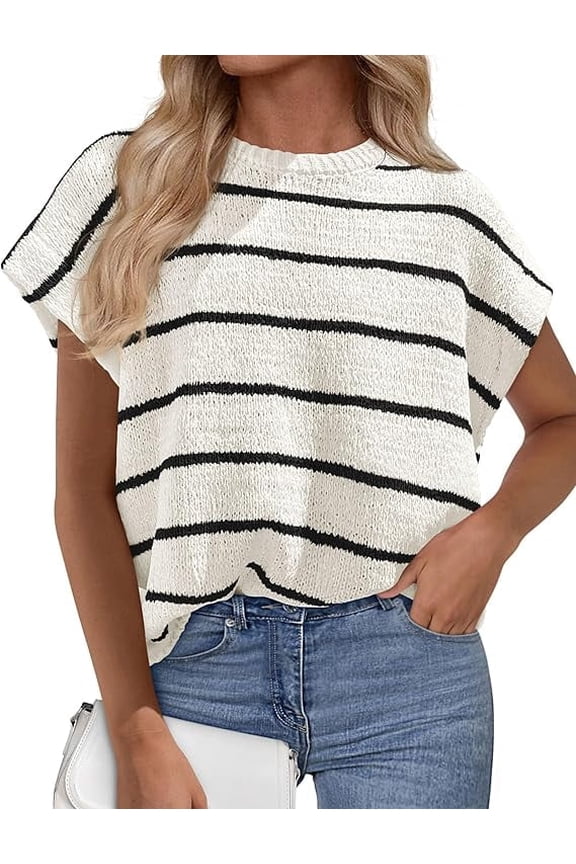 Womens Summer Short Sleeve Tops Trendy Crew Neck Striped Knit Sweater Business Casual Spring Clothes