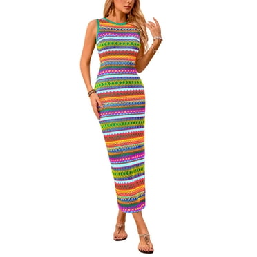 PRETTYGARDEN Womens Summer Sleeveless Tank Dress Crew Neck Striped Side Slit Bodycon Casual Maxi Dresses