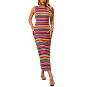 PRETTYGARDEN Womens Summer Sleeveless Tank Dress Crew Neck Striped Side Slit Bodycon Casual Maxi Dresses