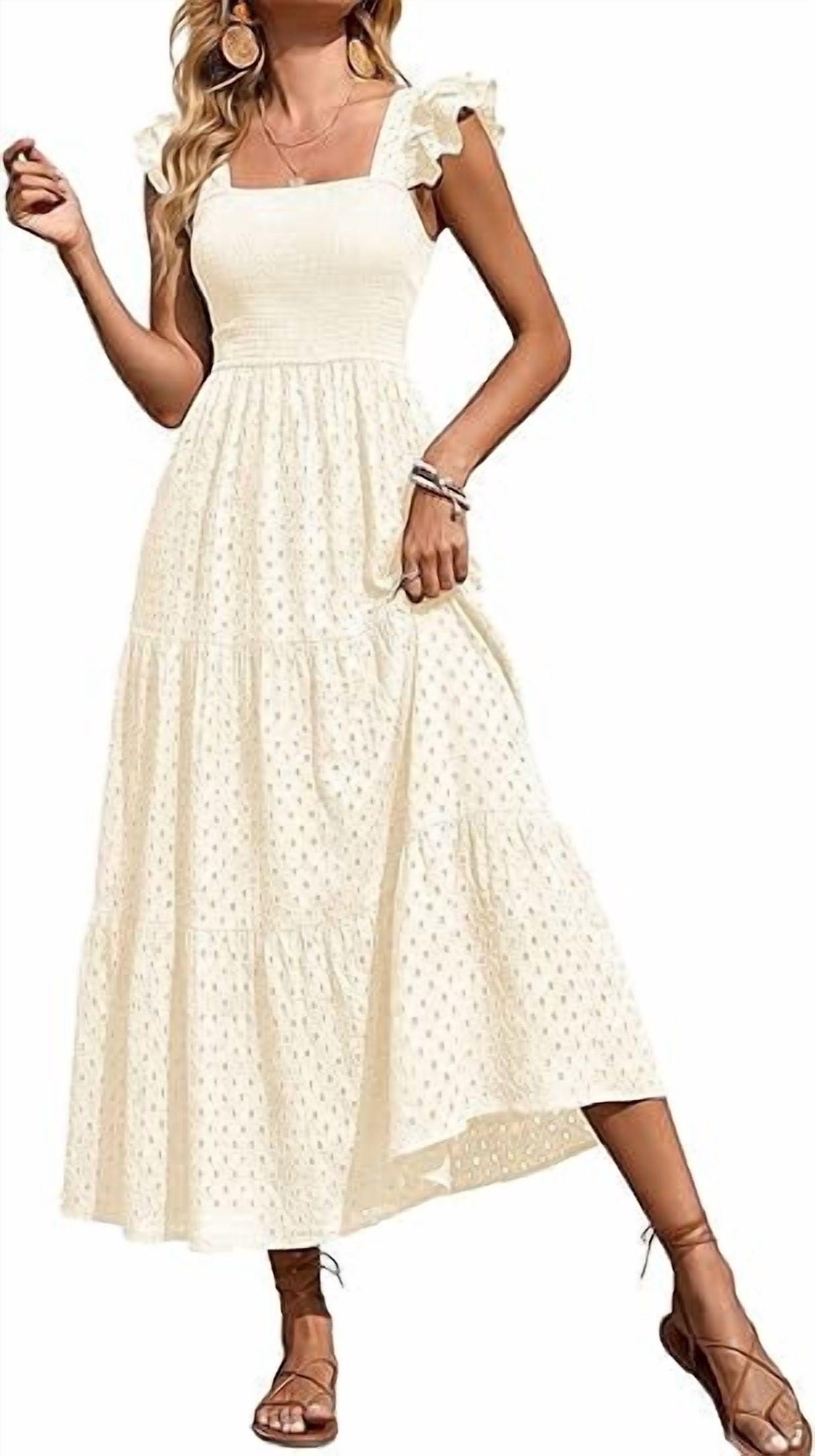 PRETTYGARDEN Womens Summer Square Neck Maxi Dresses Cap Sleeve Eyelet ...