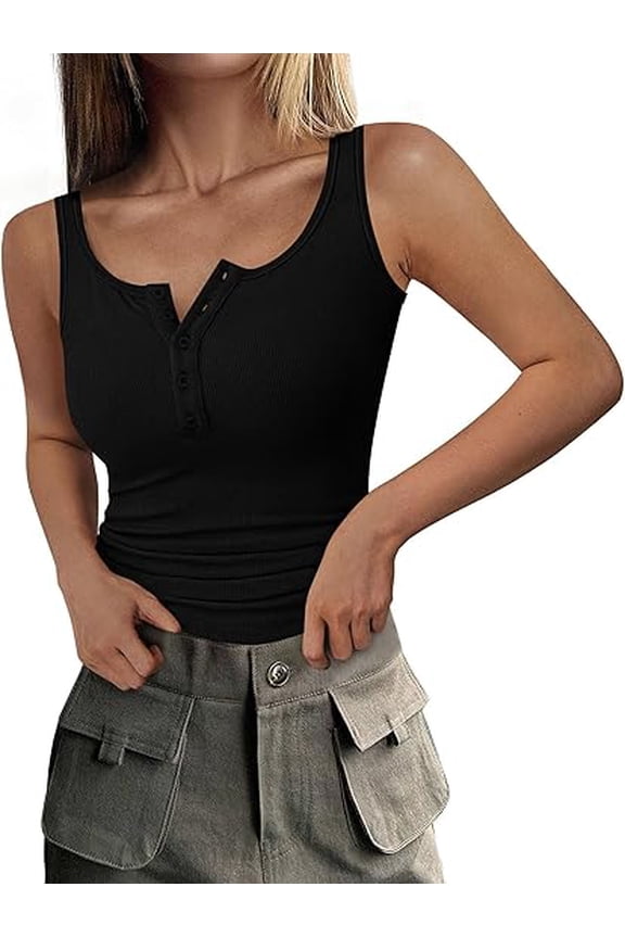 Womens Summer Tank Tops Ribbed Knit Slim Fit Sleeveless Henley Shirts Casual Basic Button Up Blouse