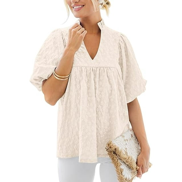 PRETTYGARDEN Womens Summer Tops 2025 Ruffle V Neck Blouses Loose Puff ...