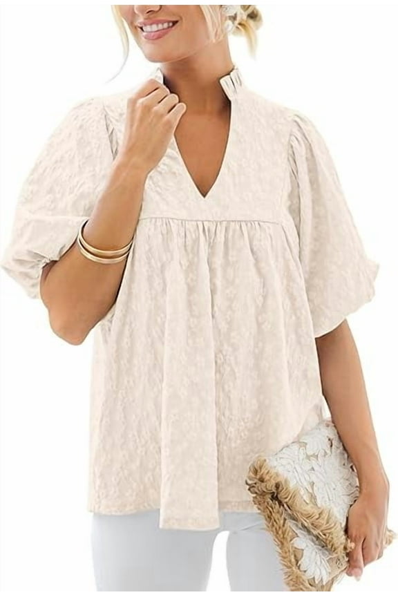 Womens Summer Tops Ruffle V Neck Blouses Loose Puff Short Sleeve Jacquard Babydoll Tops Casual Dressy T-Shirts