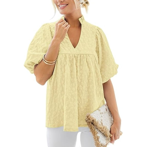 PRETTYGARDEN Womens Summer Tops Ruffle V Neck Blouses Loose Puff Short Sleeve Jacquard Babydoll Tops Casual Dressy T-Shirts