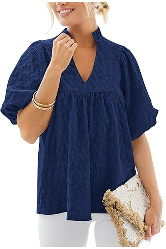 Womens Summer Tops Ruffle V Neck Blouses Loose Puff Short Sleeve Jacquard Babydoll Tops Casual Dressy T-Shirts