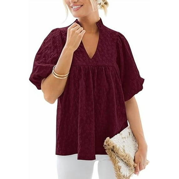 PRETTYGARDEN Womens Summer Tops Ruffle V Neck Blouses Loose Puff Short Sleeve Jacquard Babydoll Tops Casual Dressy T-Shirts