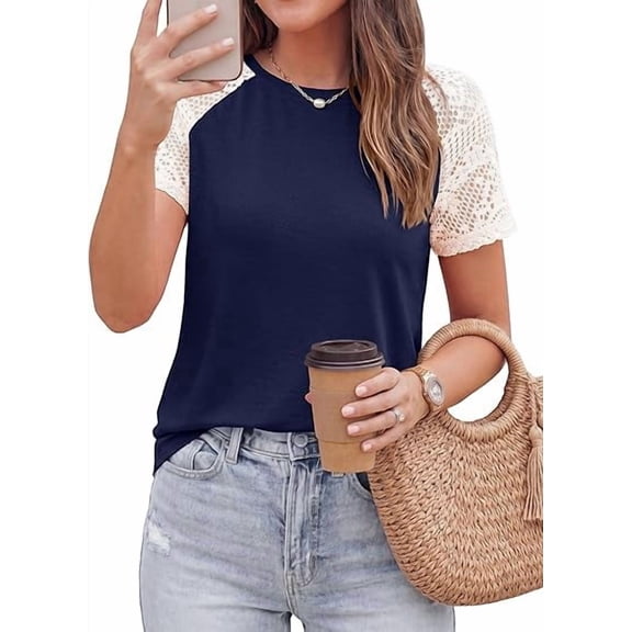 PRETTYGARDEN Womens Summer Tops Casual Lace Raglan Short Sleeve T Shirts Basic Tees Spring Fashion Blouse Clothes