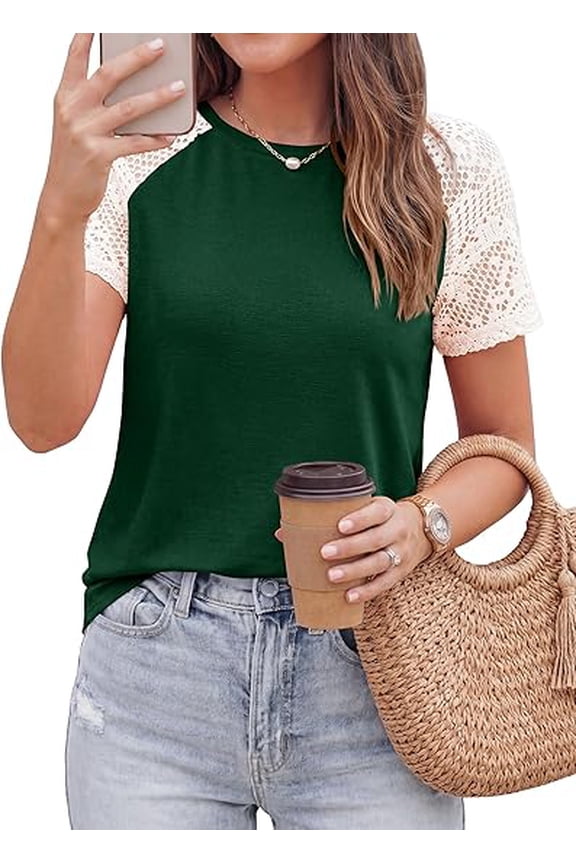 Womens Summer Tops Casual Lace Raglan Short Sleeve T Shirts Basic Tees Spring Fashion Blouse Clothes