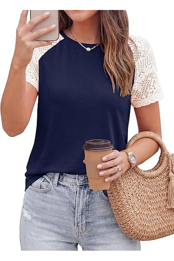 Womens Summer Tops Casual Lace Raglan Short Sleeve T Shirts Basic Tees Spring Fashion Blouse Clothes