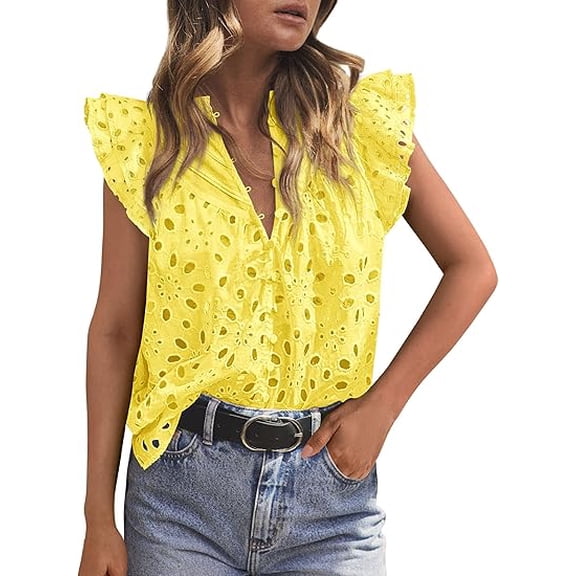 PRETTYGARDEN Womens Summer Tops Dressy Casual Ruffle Cap Sleeve Button V Neck Embroidered Eyelet Blouses Shirts