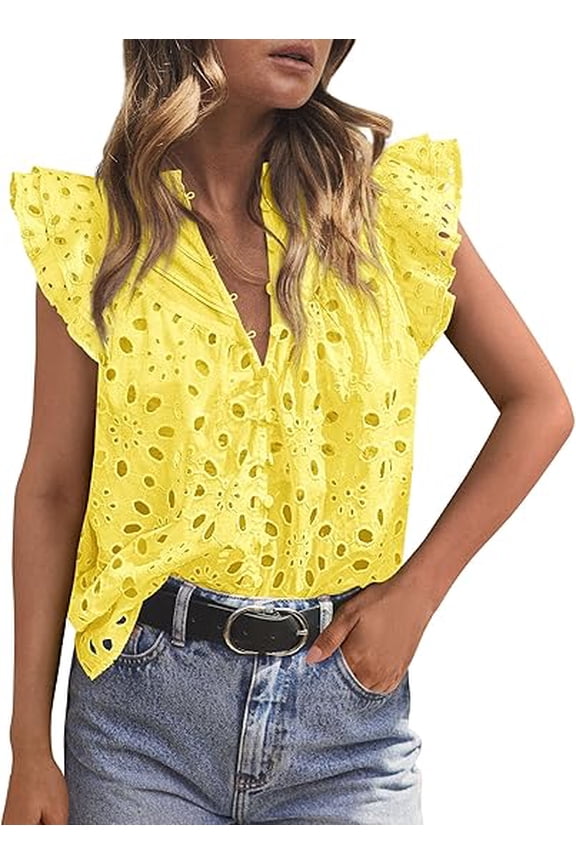 Womens Summer Tops Dressy Casual Ruffle Cap Sleeve Button V Neck Embroidered Eyelet Blouses Shirts