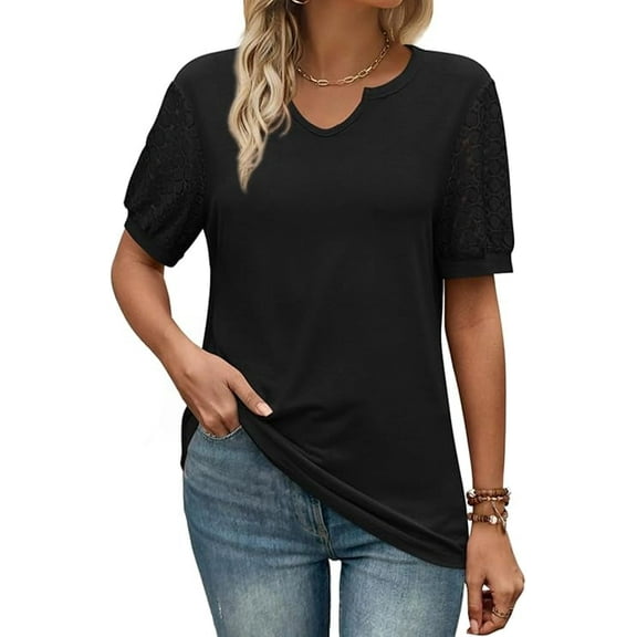 PRETTYGARDEN Womens Summer Tops Lace Short Sleeve Loose Casual Tee Shirts V Neck Trendy Business Blouse