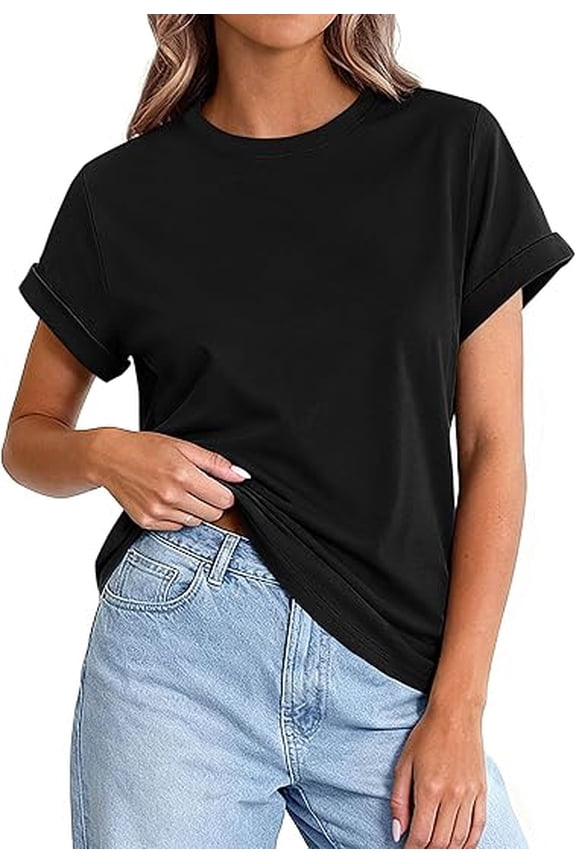 Womens Summer Tops Spring Casual Rolled Short Sleeve Basic Tees Crew Neck Work Shirts Fashion Clothing