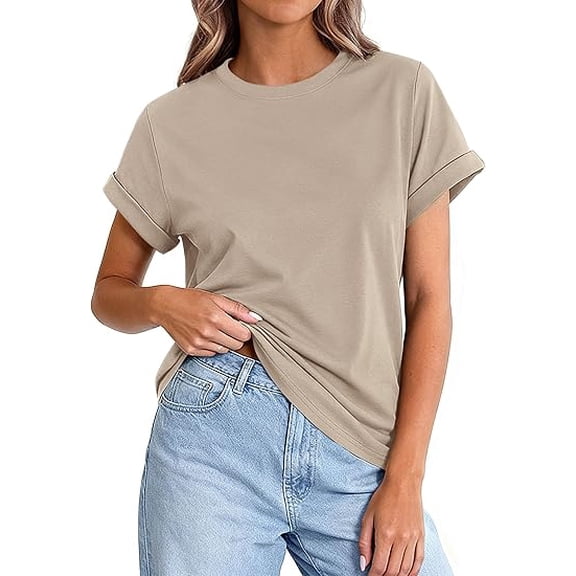 PRETTYGARDEN Womens Summer Tops Spring Casual Rolled Short Sleeve Basic Tees Crew Neck Work Shirts Fashion Clothing