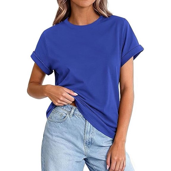 PRETTYGARDEN Womens Summer Tops Spring Casual Rolled Short Sleeve Basic Tees Crew Neck Work Shirts Fashion Clothing