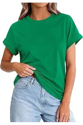 Womens Summer Tops Spring Casual Rolled Short Sleeve Basic Tees Crew Neck Work Shirts Fashion Clothing