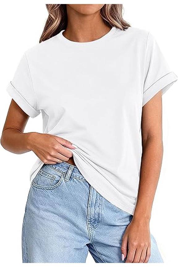 Womens Summer Tops Spring Casual Rolled Short Sleeve Basic Tees Crew Neck Work Shirts Fashion Clothing