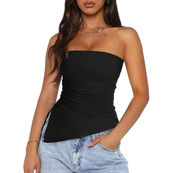 PRETTYGARDEN Womens Summer Tube Tops 2025 Trendy Strapless Ruched Going Out Tops Outfits Asymmetrical Bandeau Shirts
