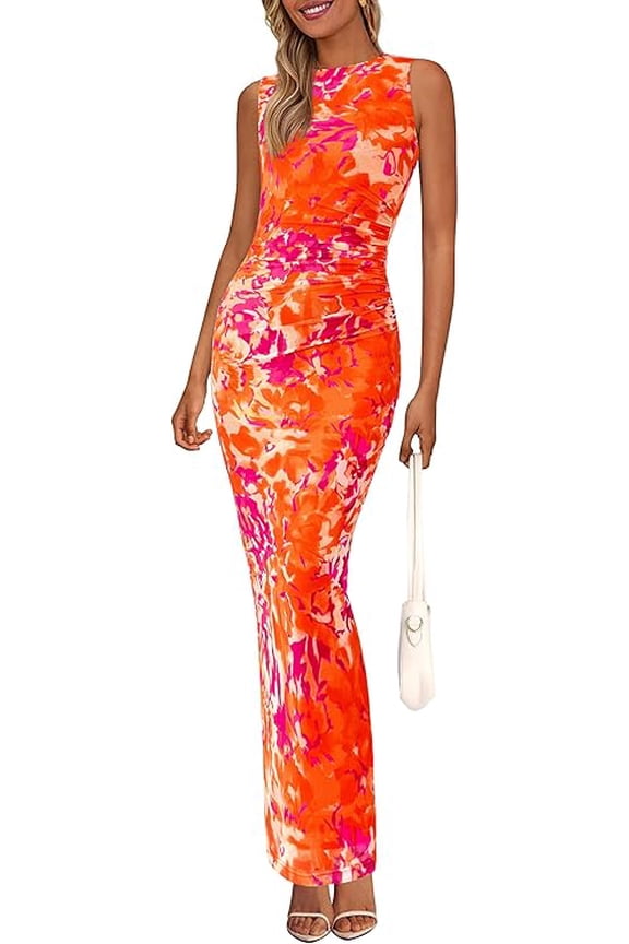 Womens Summer Wedding Guest Dress Spring Mesh Sleeveless Bodycon Ruched Floral Holiday Maxi Long Dresses